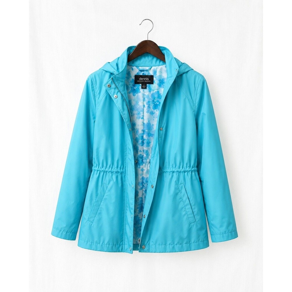 Dennis Basso Women's Small Aqua Hooded Rain Jacket Windbreaker Floral Lined